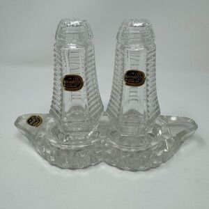 Vintage Bohemia Crystal Salt and Pepper Shakers with Tray Clear Zipper Cut